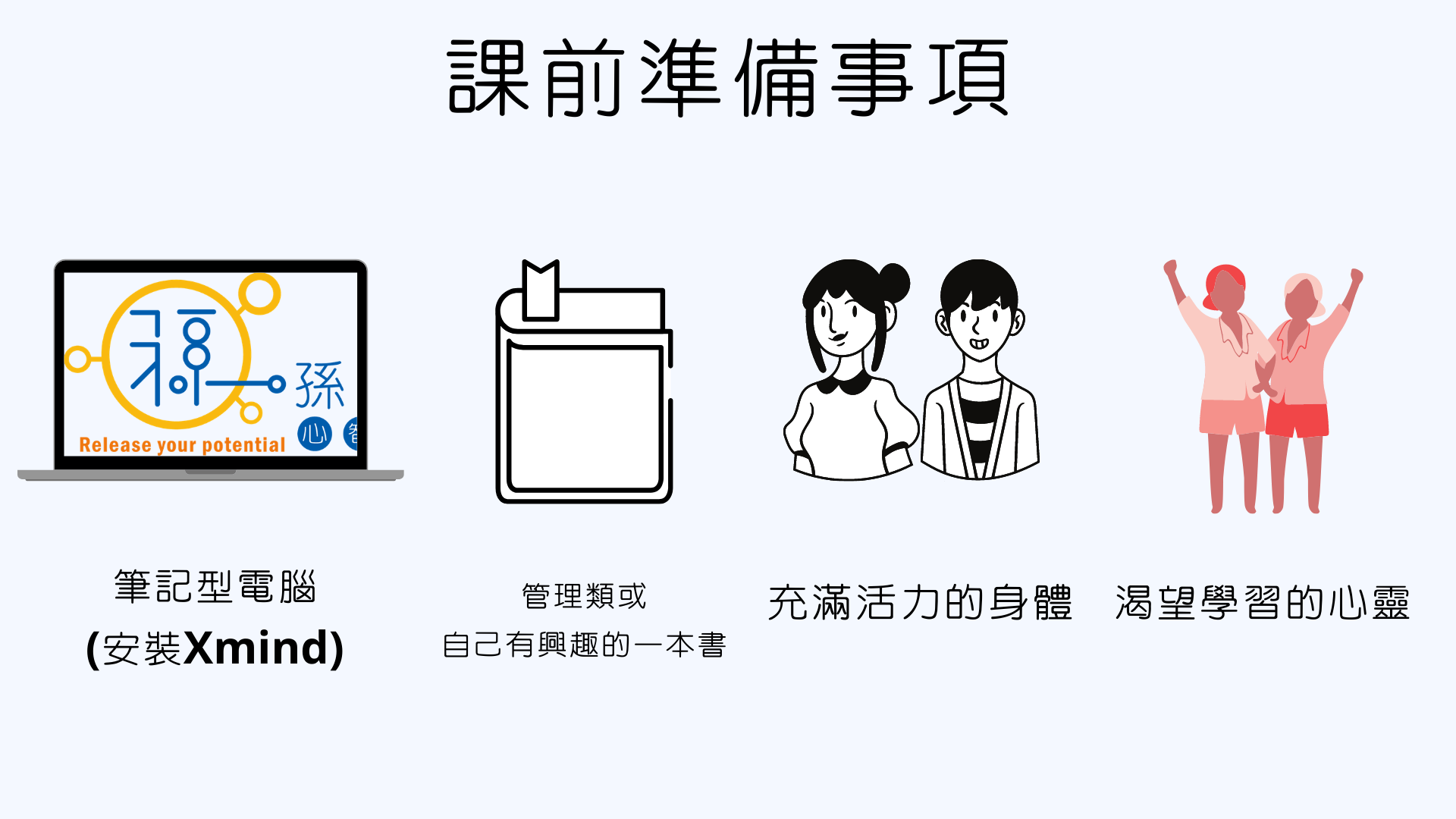 孫易新心智圖法國考特訓班｜課前準備：筆記型電腦(安裝Xmind)，一本書